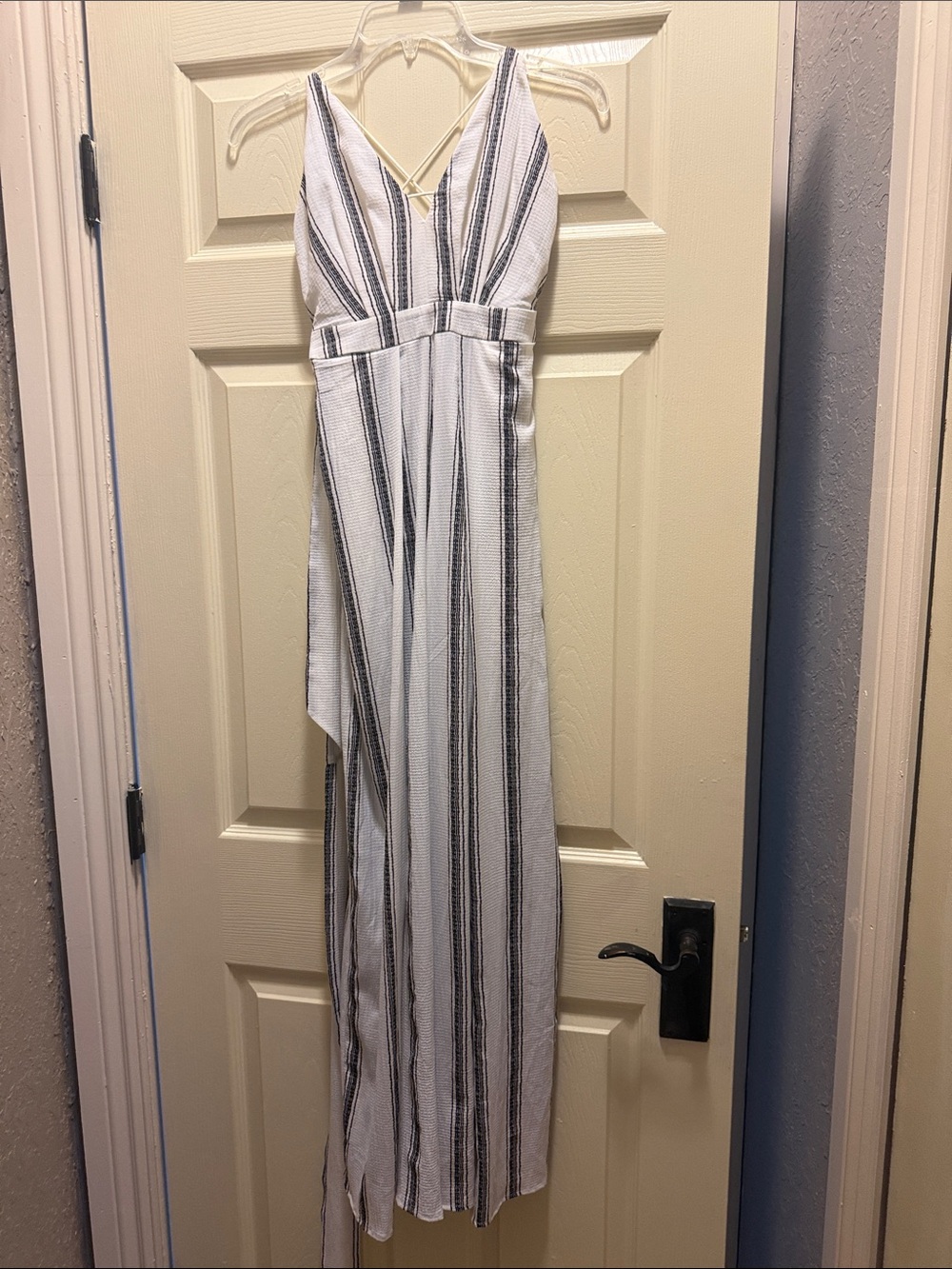 Luxxel White and Black Striped V-Neck Jumpsuit